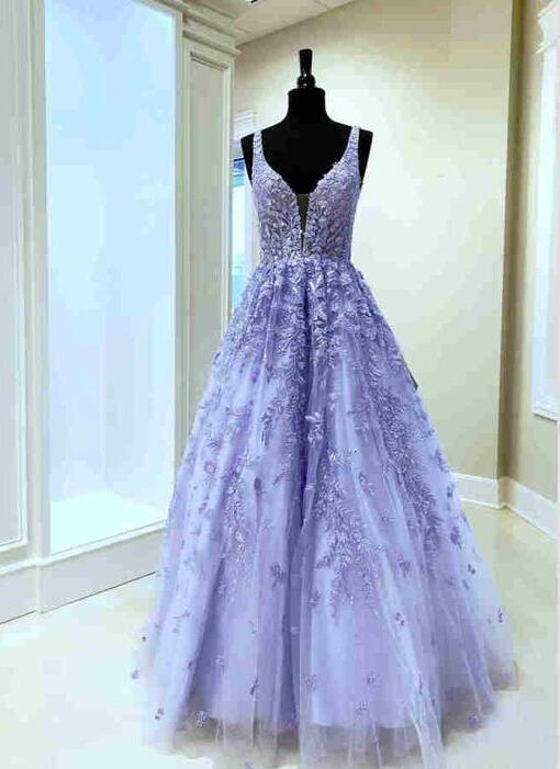 V-neck Long Lace Prom Dresses Lavender Plus Size main image 1