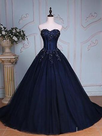 Sweetheart Ball Gown Long Navy Blue Prom Drsess on Luulla