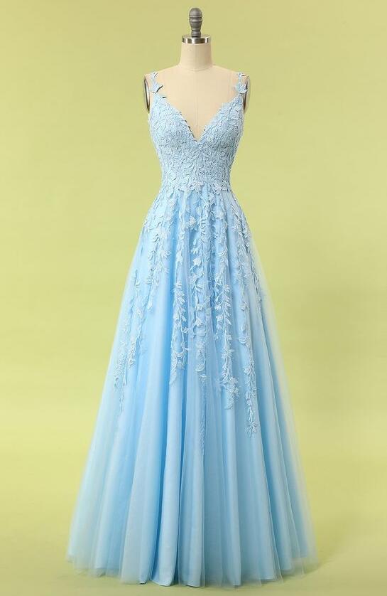 A Line V Neck Sky Blue Tulle Prom Dress on Luulla