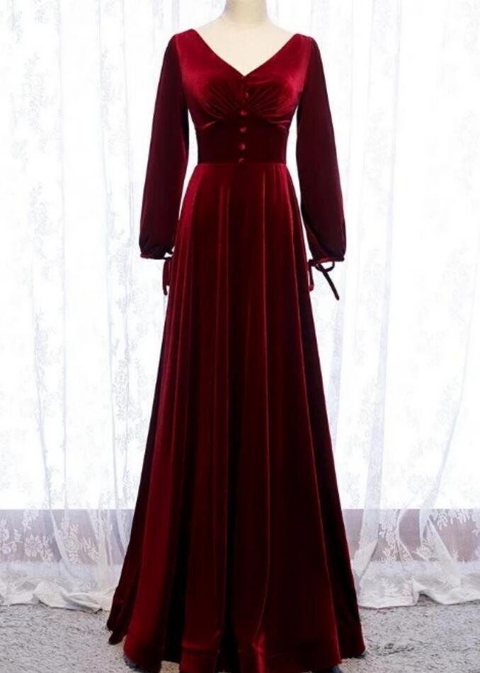 A-line Dark Red Velvet Long Sleeves Prom Dress on Luulla