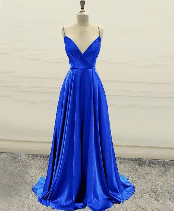 Spaghetti Straps Royal Blue Satin Prom Dresses On Luulla