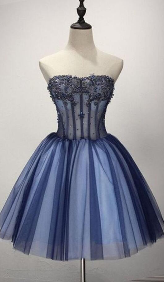 Strapless Ball Gown Dark Blue Tulle Homecoming Dress With Beaded on Luulla