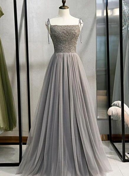 Long Tulle Dress with Convertible Back Design Steel Grey