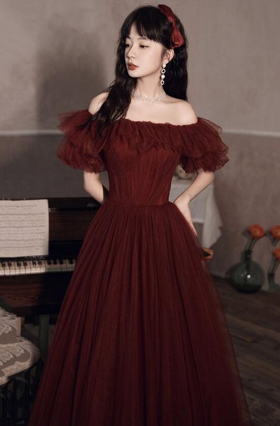 Cute A Line Long Sleeves Red Burgundy Tulle Ankle Length Prom Dress C1169