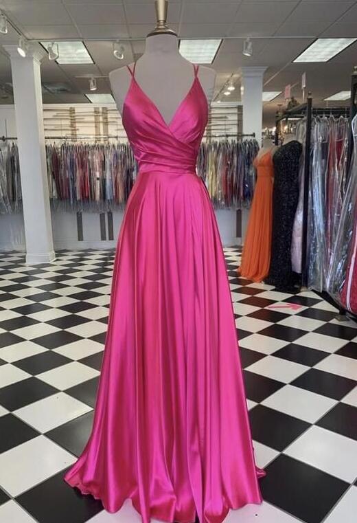 A Line V Neck Pink Satin Asymmetrical Prom Dress LBQ0866