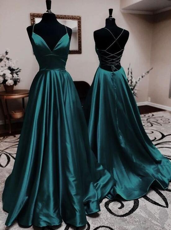 Satin Spaghetti Strap Lace-Up Long Prom Dress with Bra main image 0