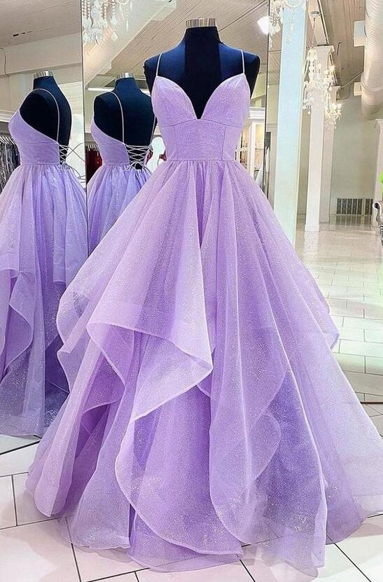 Dusty Purple Long A Line Prom Dresses, Chic Tulle Prom Dresses, High Waist Prom Dresses Y1913