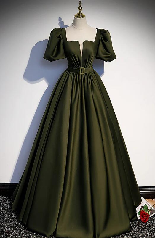 A Line Dark Green Satin Prom Dress with Slit LBQ1186
