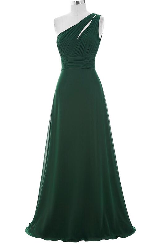 A Line Chiffon Green One Shoulder Long Prom Dress on Luulla