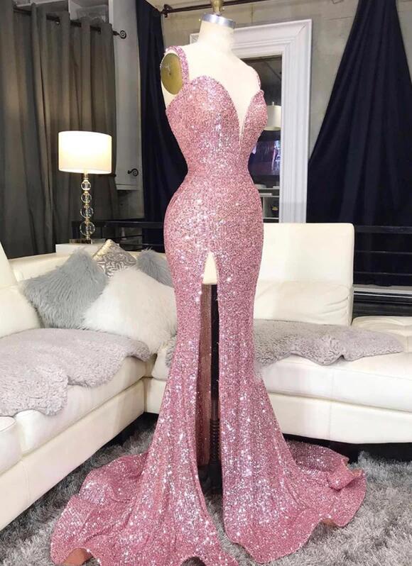 Shiny Mermaid One Shoulder Tulle Sequin Slit Long Prom Dress, Evening Dress C6180