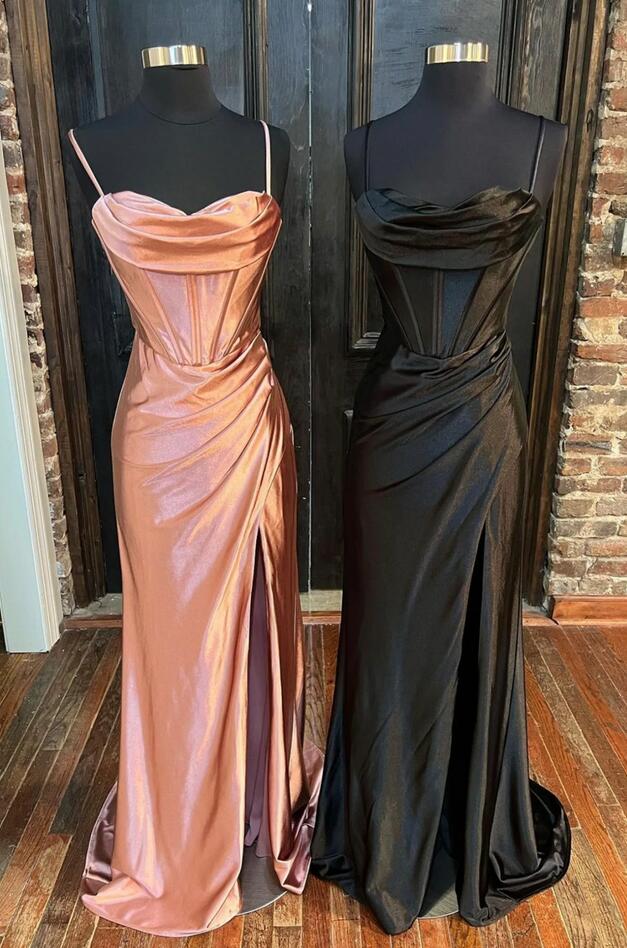 Sexy Spaghetti Straps Boning Side Slit A-Line Ruched Satin Long Formal Dresses For Women