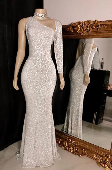 Gold One Shoulder Long Sleeves Sequins Prom Dress Mermaid Long Evening Gowns