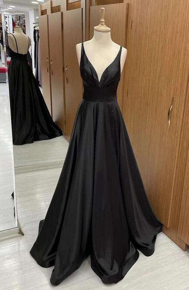A-Line Prom Dress Lace-up Sleeveless V Neck Black Satin Pleats Beaded, Pocket