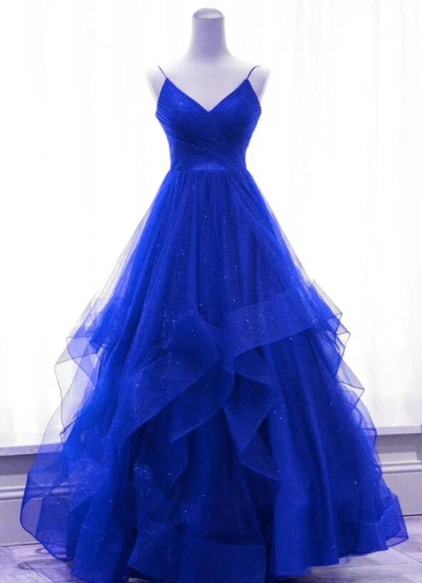 Spaghetti Straps Royal Blue Shiny Tulle V-Neckline Long Party Dress on ...
