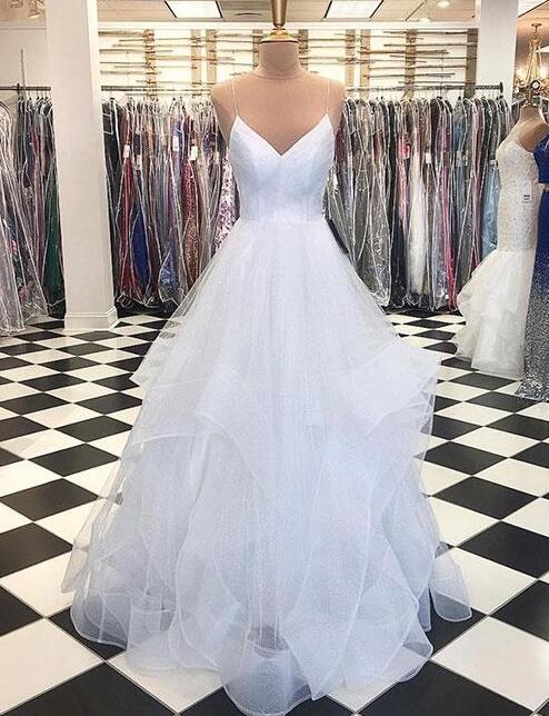 Simple white tulle long prom dress, show waist evening dress