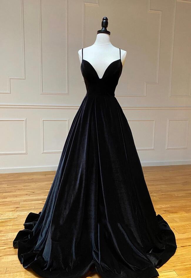 One Shoulder Black Velvet Long Prom Dresses, Black One Shoulder Velvet Formal Evening Dresses main image 1