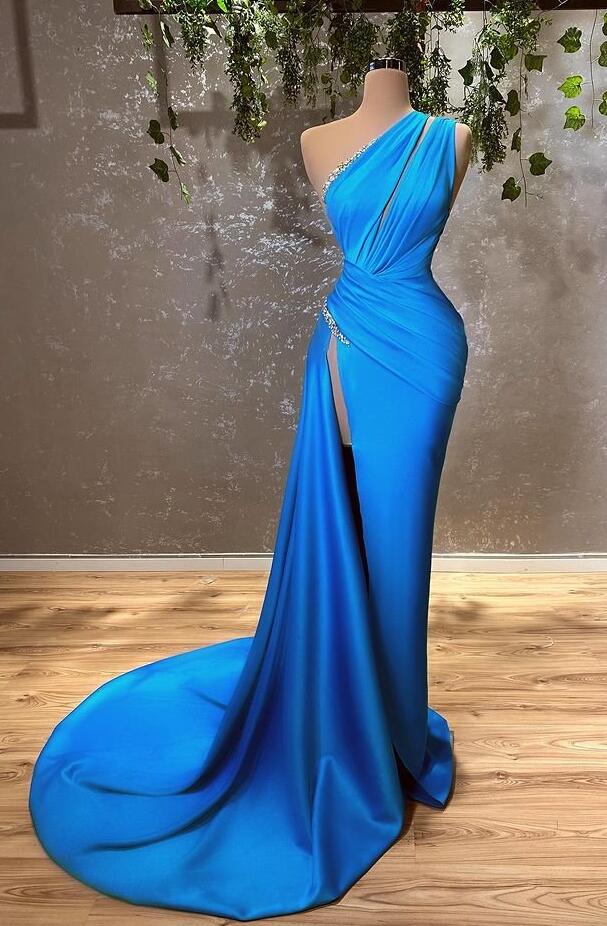 Glamorous One Shoulder Mermaid Beading Split Prom Dress With Lace