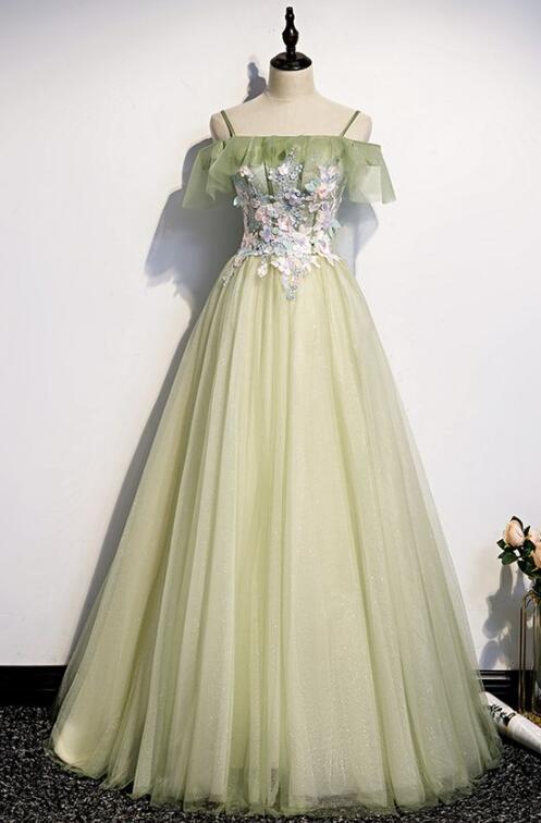 Women's Lace Applique Tulle Long Straps Cross Back Long Party Dress, Green Junior Prom Dress Y611
