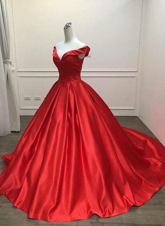 Off The Shoulder Long Red Prom Dress,Satin Evening Dress With Sweep ...