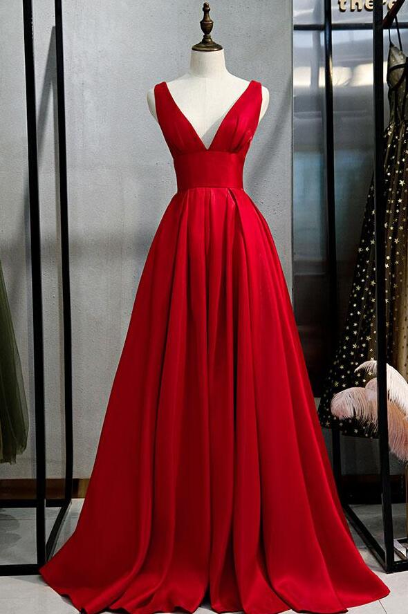 A Line Satin Red Long Train Deep V Neck Prom Dress