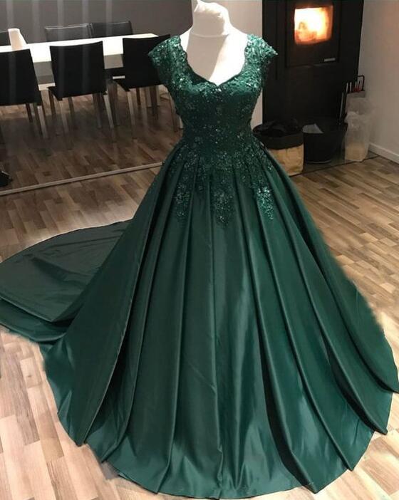 Vintage Lace Applique Green Satin Elegant Luxury Prom Dresses on Luulla