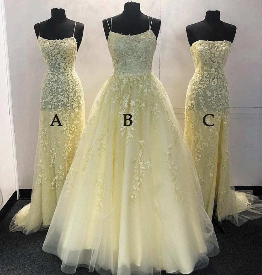 A line Yellow Prom Dresses Lace Appliques Evening Party Formal Gowns     fg4553