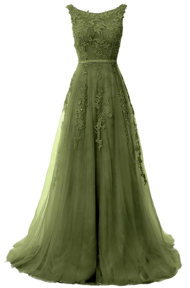 A Line Lace Boat Neck Sleeveless Prom Dresses Formal Evening Gown on Luulla
