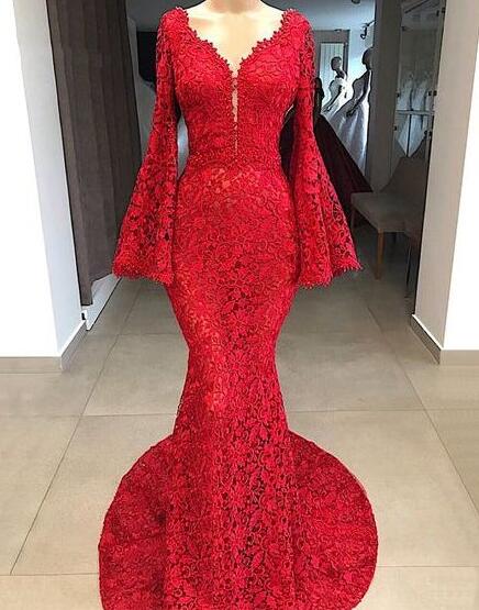 Trendy Red Vintage Long Sleeve Mermaid Evening Gown with Black Lace JT1357 main image 0