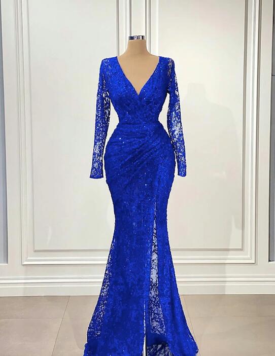 Sparkle Royal Blue Sequin Long Sleeves Mermaid Evening Dresses Y1663