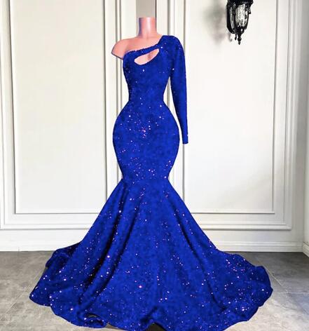 One Shoulder Mermaid Royal Blue Sparkly Prom Dresses on Luulla