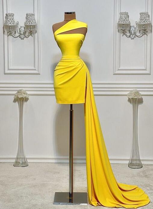 Modest Yellow Mermaid Short Simple Cheap One Shoulder Evening Dresses ...