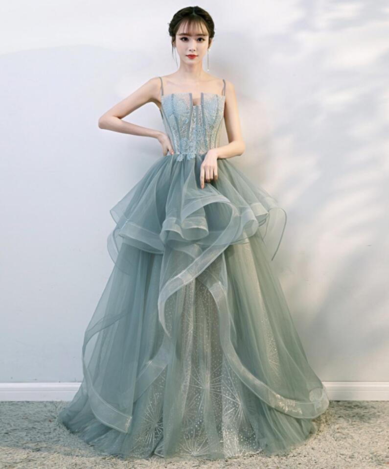 A Line Green Tulle Lace Long Prom Dress on Luulla