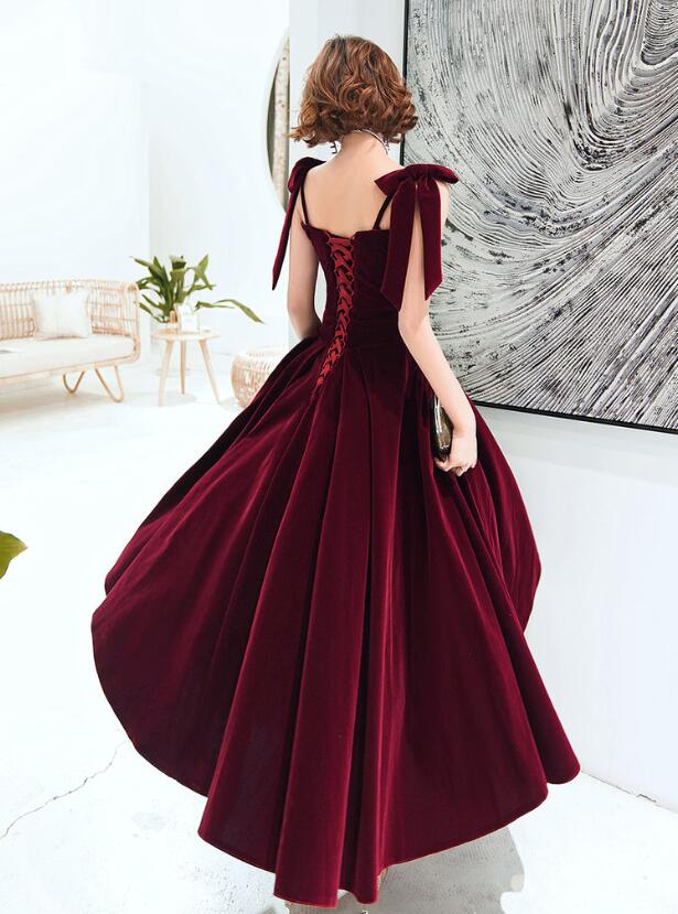 Elegant Dark Red Velvet Tea Length Prom Dress On Luulla