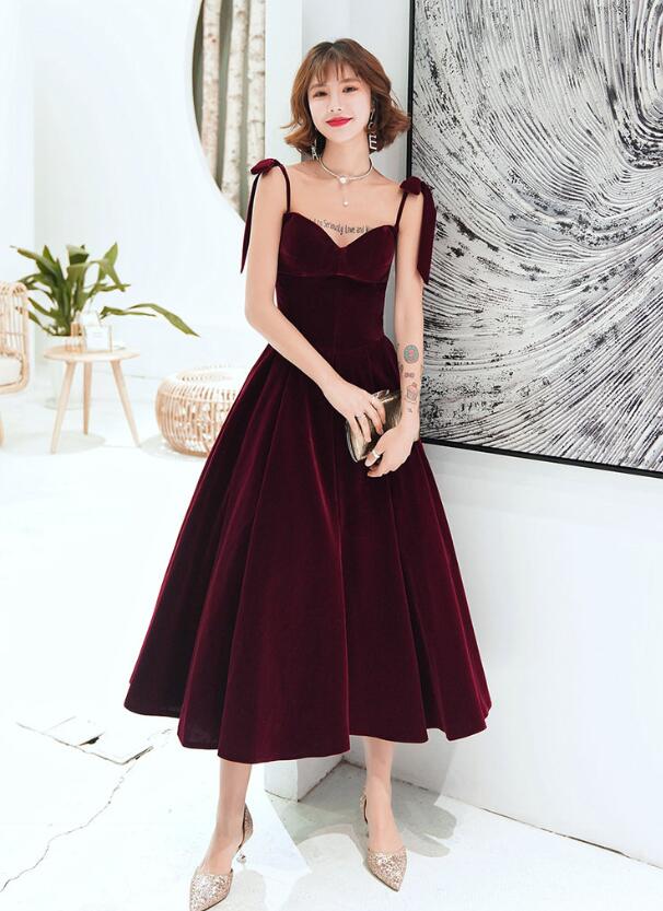 Elegant Dark Red Velvet Tea Length Prom Dress On Luulla