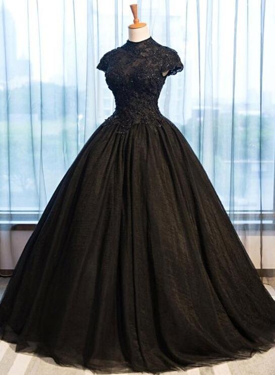 Ball Gown Black Cap Sleeves Long Tulle Prom Dress on Luulla