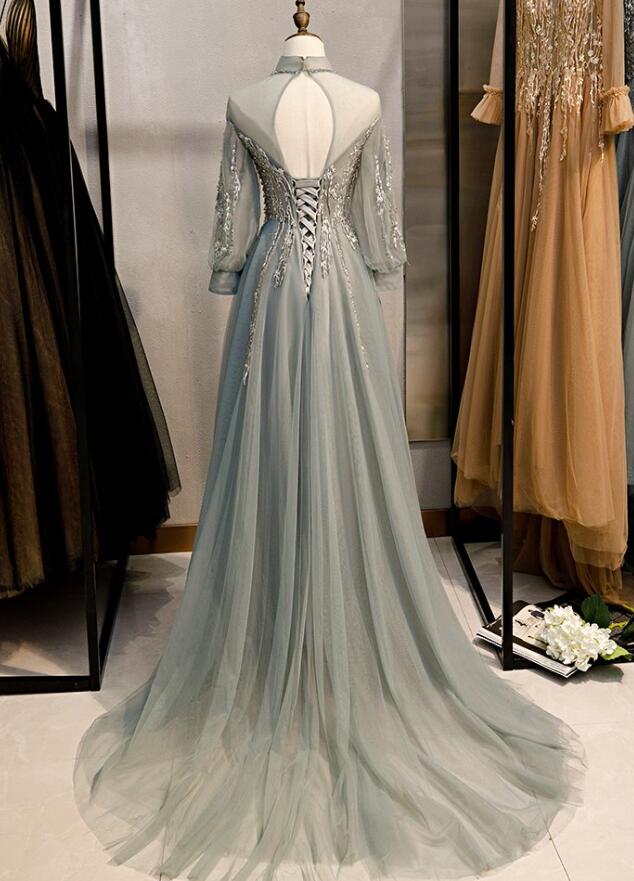 Beaded Tulle Long Sleeve Party Wear Dress