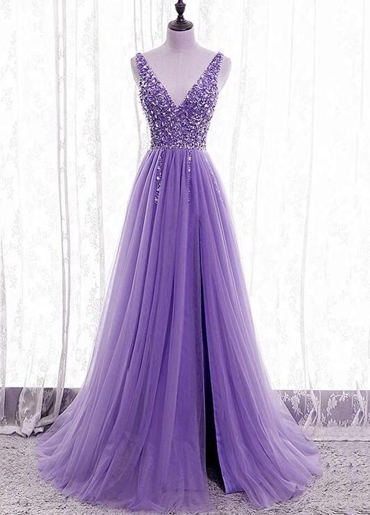 A Line Purple Beaded V-neckline Tulle Sparkle Evening Dress on Luulla