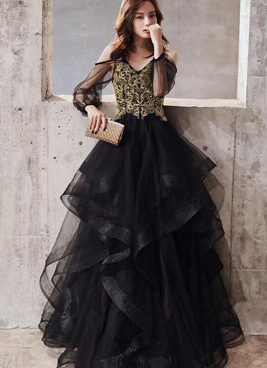 A Line Black Tulle Layers Party Dress With Gold Lace on Luulla