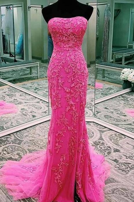 Strapless Mermaid Pink Prom Dress With Lace On Luulla