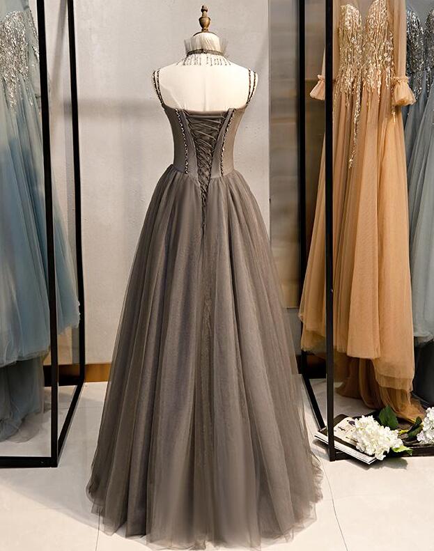 Stunning Tulle Straps Sleeveless Long Prom Dress With Beading