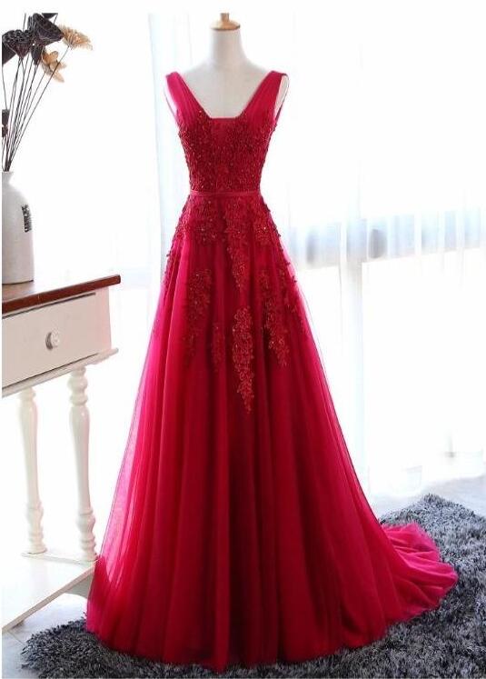 A Line Wine Red V-neckline Tulle Long Prom Dresses on Luulla