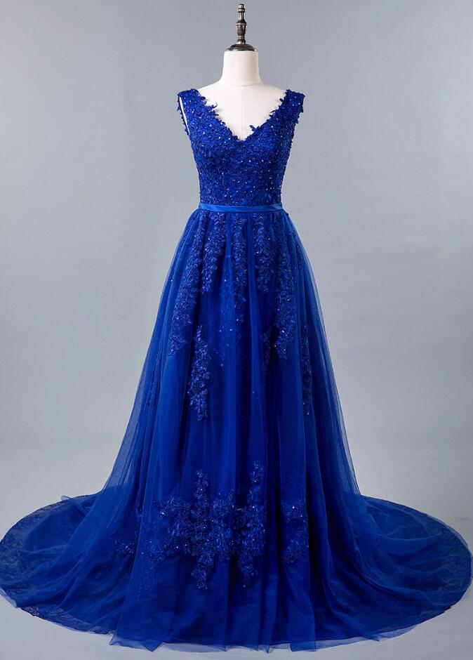 Mermaid Royal Blue Lace V Neck Tulle Prom Dress LBQ3139 main image 1