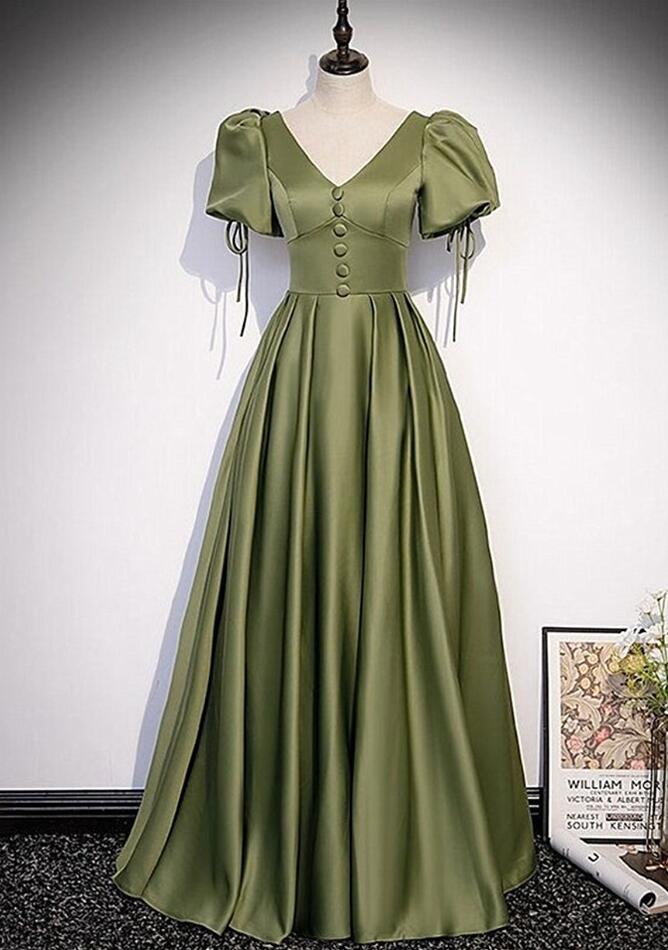 A-line Green Satin Short Sleeves Floor Length Party Dress, Green Satin Prom Dress main image 1