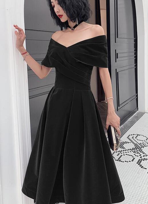 Cute Off Shoulder Velvet Tea Length Beaded Homecoming Dress, Short Prom Dress