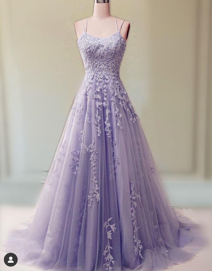 A Line Purple Prom Dresses, Lace Applique Prom Dress 2024 on Luulla