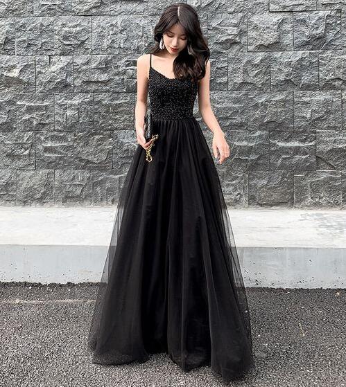 A Line Black Tulle Long Prom Dress, Black Evening Dress on Luulla
