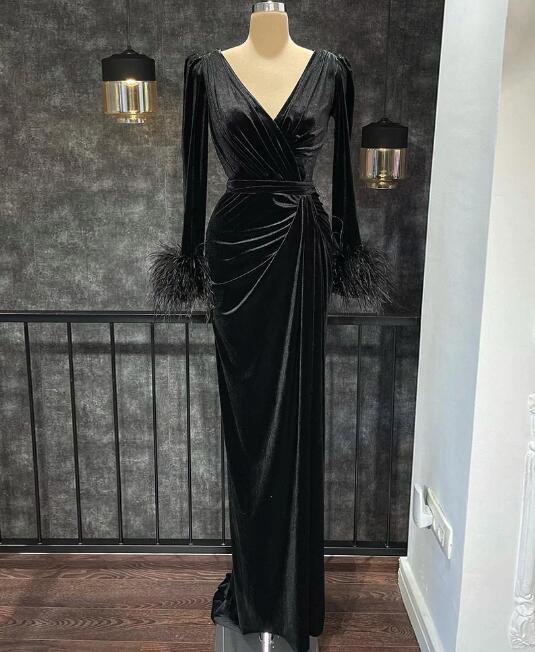 Black Velvet V Neck Dress Long Sleeve V Neck Women's Black Velvet Dress Formal For Black Velvet V Neck Dress Long Sleeve V Neck Women's Black Velvet Dress Formal For