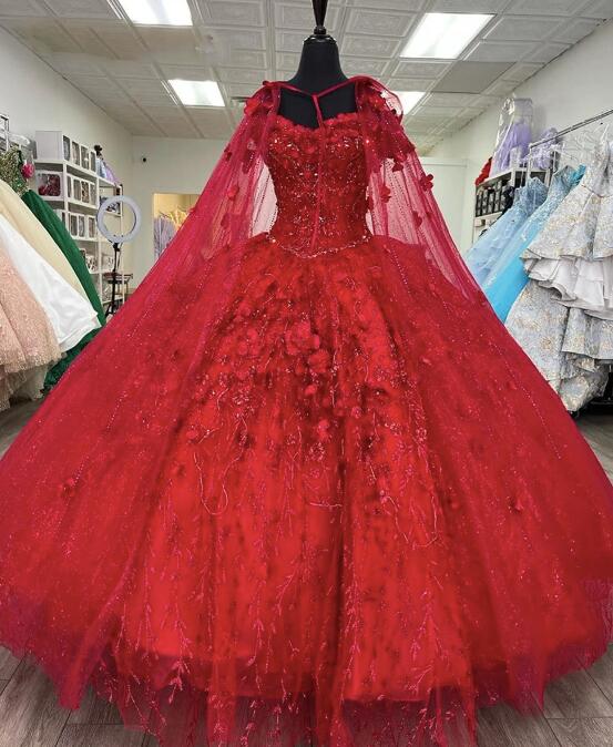 Ball Gown Tulle Cape Red Quinceanera Dresses With 3d Flowers on Luulla