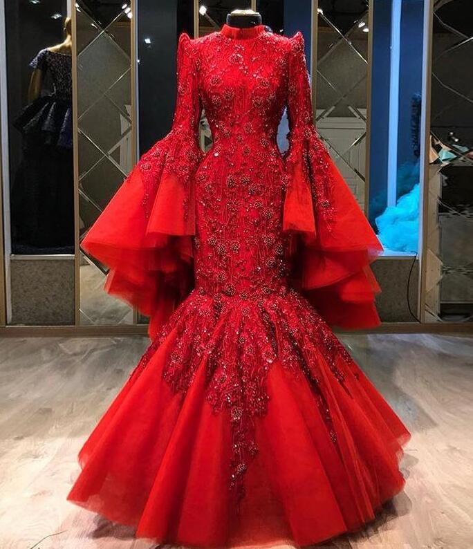 High Neck Mermaid Muslim Luxury Red Evening Dresses on Luulla