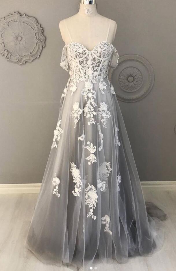 A Line Gray Off the Shoulder Lace Up Tulle Sequins Prom Dress LBQ4195 main image 0